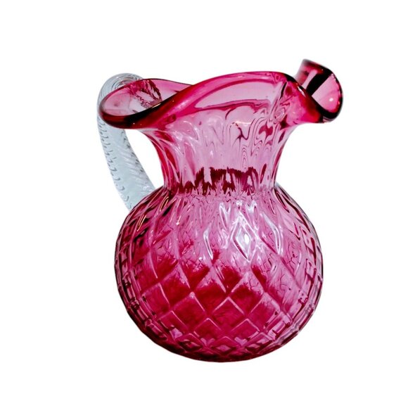 Vintage Mouth Blown Cranberry Glass Pitcher Diamond Optic Pattern 1960's-1970's - Picture 7 of 12